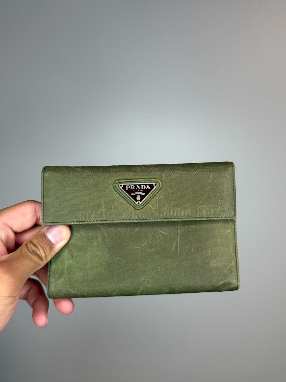 Prada khaki nylon clutch with triangle logo